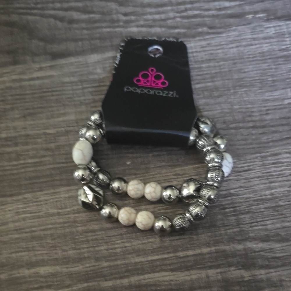 Paparazzi Silver and White Beaded Bracelet Duo